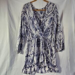 Blue Island Dress Small Snakeskin Print Long Sleeve Ruffle Hem Boho Chic